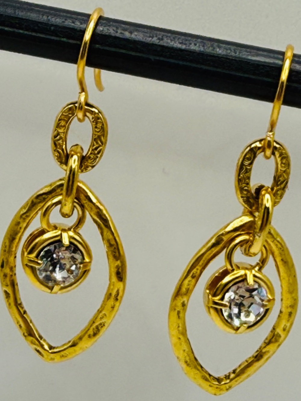 Gold Drop Earrings with Clear Crystal Accent - Picture 2 of 4
